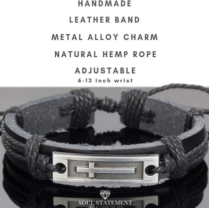 Stylish men's leather cross bracelet by Soul Statement, adjustable Christian faith wristband for teens and men.