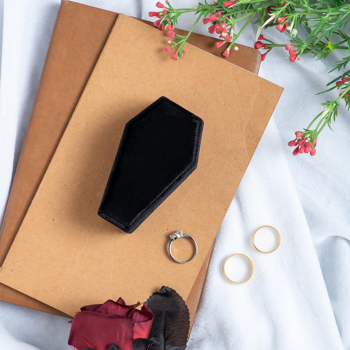 Velvet Coffin Ring Box Case Holder for Gothic Wedding Ceremony Jewelry Organizer Decorations (Black)