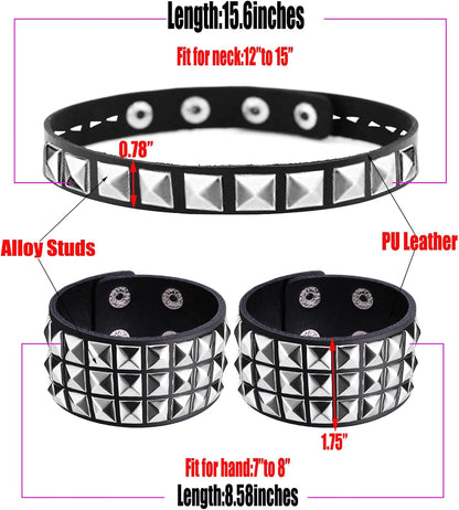 Studded Leather Choker Necklace and Bracelets Set for 80S 90S Vintage Women Men Punk Rock Emo Goth Jewelry Scene Costume Accessories