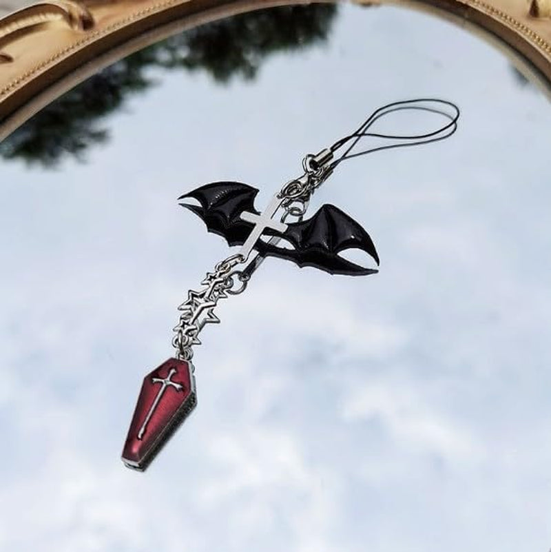 1Pc Black Winged Mobile Phone Chain Pendant,Decor,Goth Y2K Phone Charm Pendant, Kawaii-Key Chain for Bag,Cute Accessory Women Guitar Strap Lanyard Beaded Keychain Pendants,Accessories,Cell Phone Charms