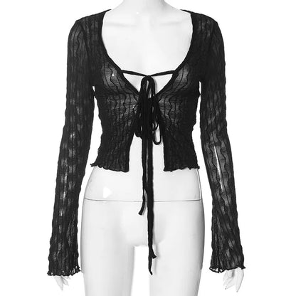 Gothic lace-up long sleeve blouse with transparent fabric, ideal for Y2K grunge and fairycore fashion for women.