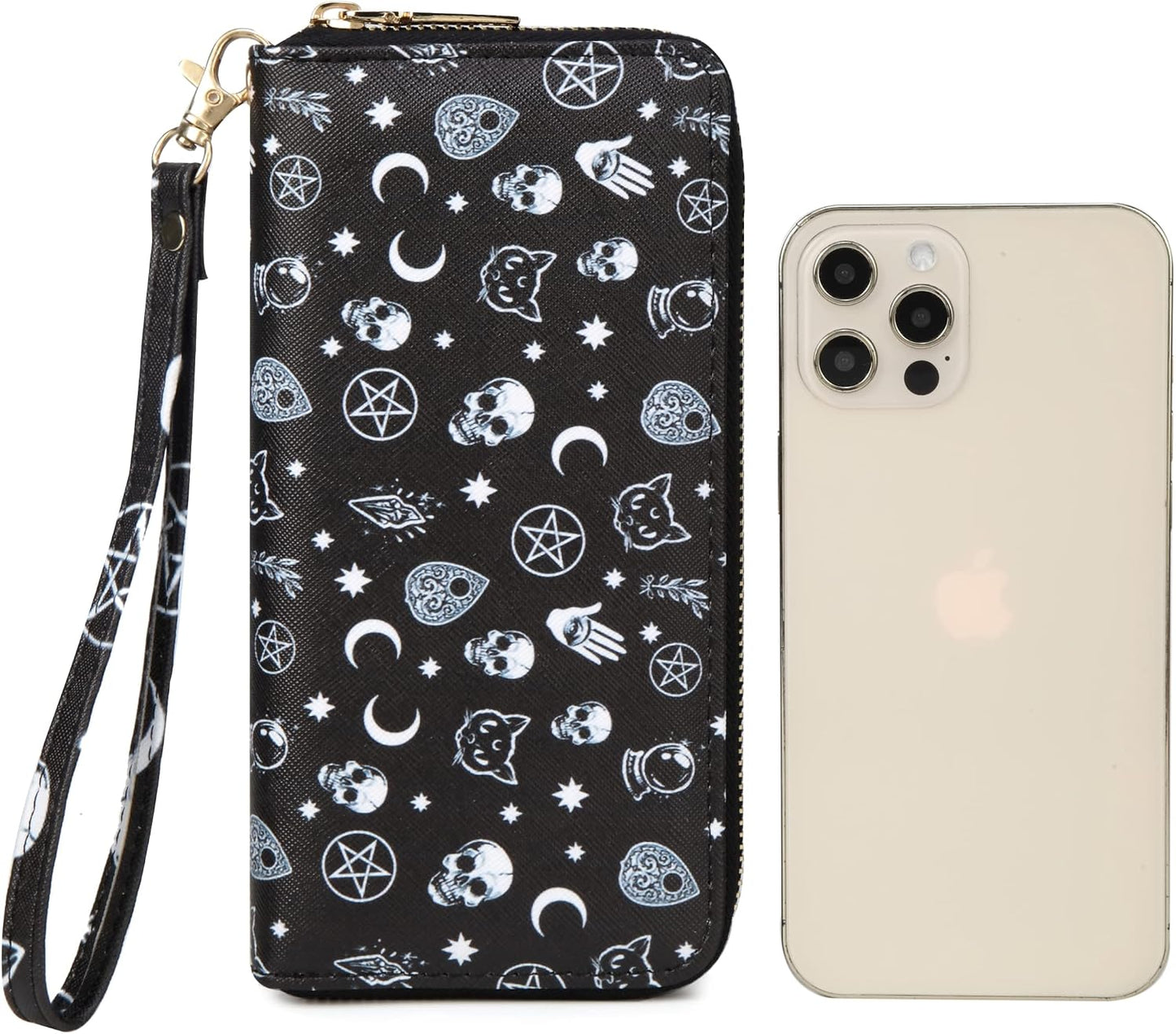 Fanwill checkered Highland cow print clutch wallet with goth frog and butterfly design, zip closure, and wrist strap.