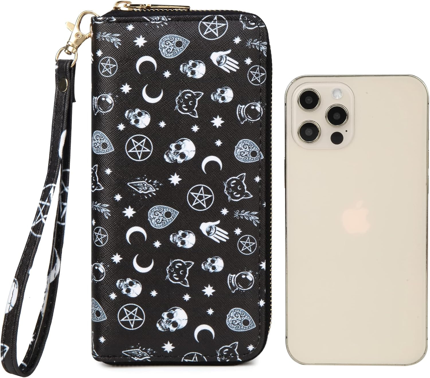 Fanwill checkered Highland cow print clutch wallet with goth frog and butterfly design, zip closure, and wrist strap.