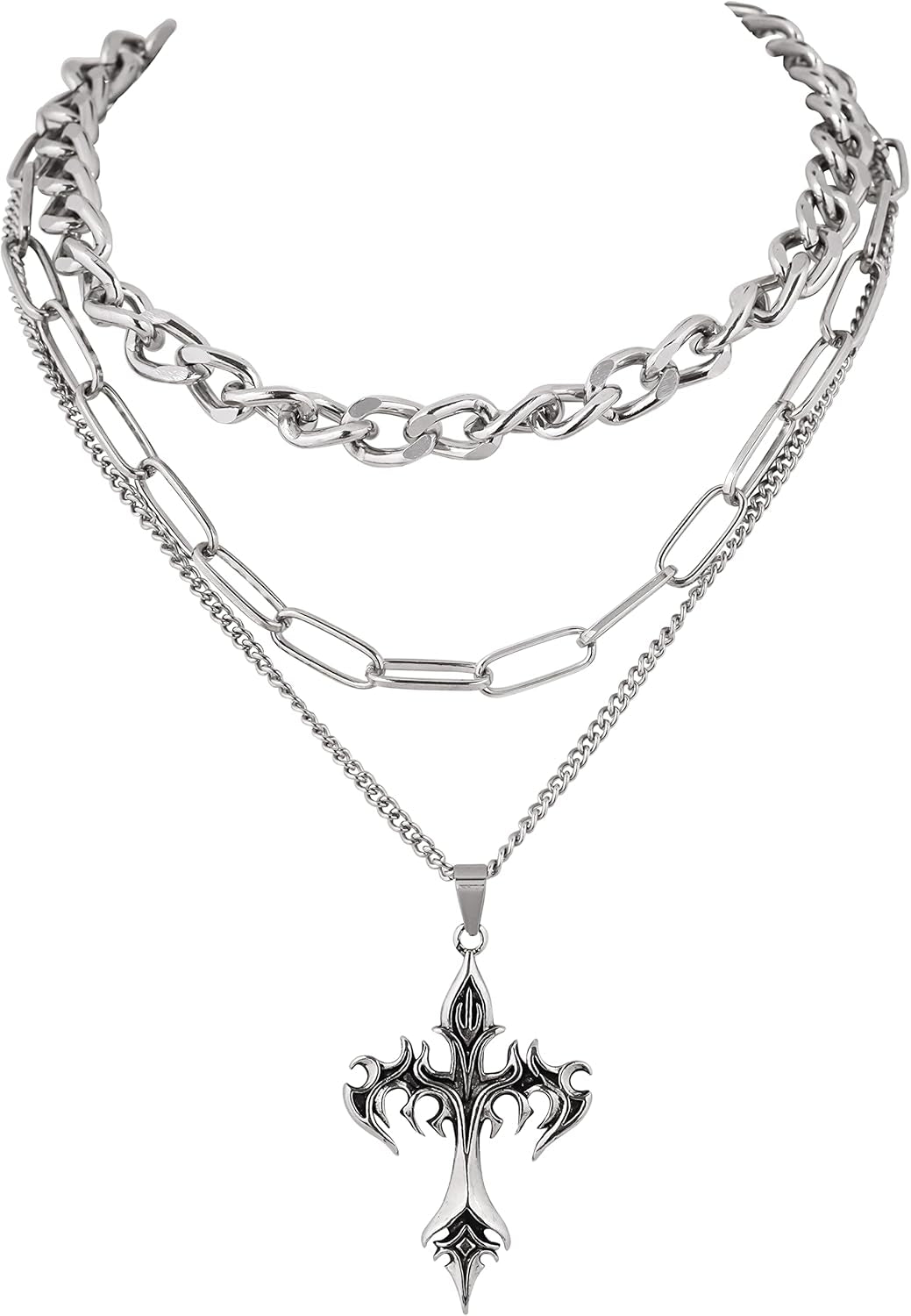 Sacina Gothic layered cross choker necklace featuring multiple cross pendants, perfect for emo, grunge, and Halloween fashion.
