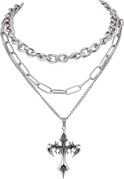 Sacina Gothic layered cross choker necklace featuring multiple cross pendants, perfect for emo, grunge, and Halloween fashion.