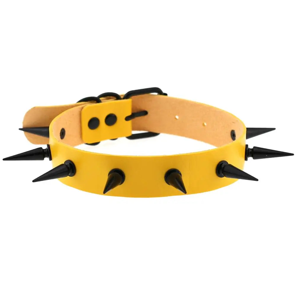 Black vegan leather choker necklace with edgy spikes, ideal for goth, witch, and cosplay fashion styles.