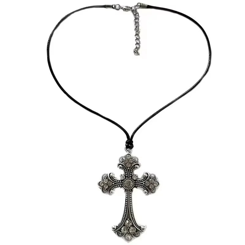 Rhinestone cross choker necklace with spiral design, gothic punk style jewelry for women, featuring sparkling rhinestones and bold statement.