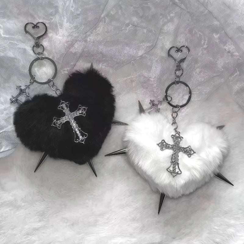 Punk leopard print rivet cross keychain with heart design, grunge rock style accessory for goth bags and accessories.
