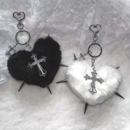 Punk leopard print rivet cross keychain with heart design, grunge rock style accessory for goth bags and accessories.