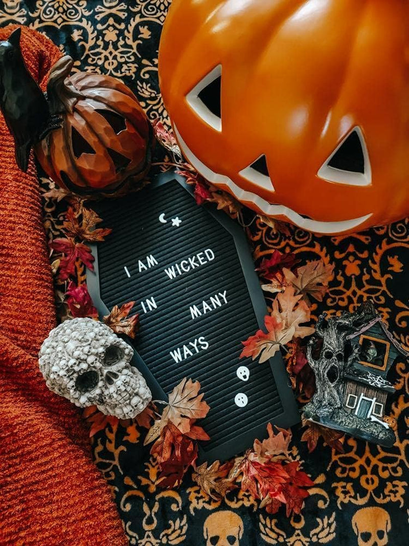 Coffin Letter Board Black +3D Bat Stickers +650 Characters, Spooky Seasonal Emojis, Wooden Stand - 17X10.5 Inches - Coffin Shaped Goth Decor Sign Halloween Decorations Gothic Decor Birthday Home Spooky Gifts