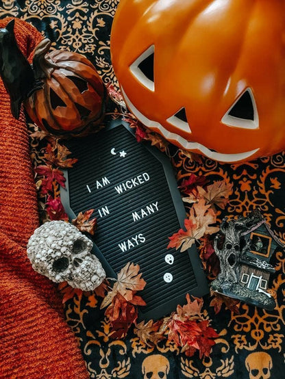 Coffin Letter Board Black +3D Bat Stickers +650 Characters, Spooky Seasonal Emojis, Wooden Stand - 17X10.5 Inches - Coffin Shaped Goth Decor Sign Halloween Decorations Gothic Decor Birthday Home Spooky Gifts