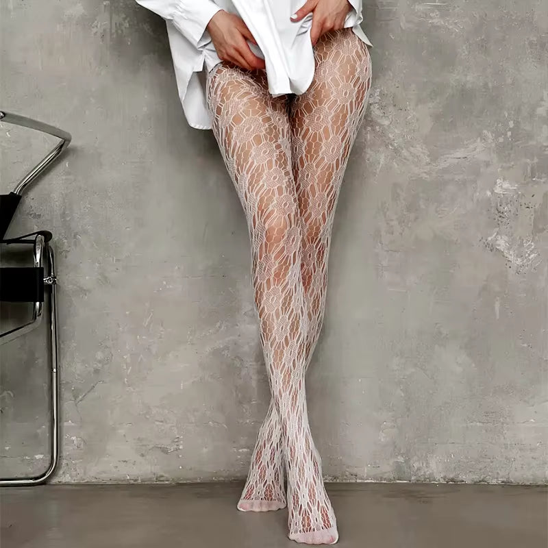 Kave Women's Soft Nylon Black Hollow Lace Fishnet Tights with Toe Reinforcement - Stylish & Comfortable Pantyhose