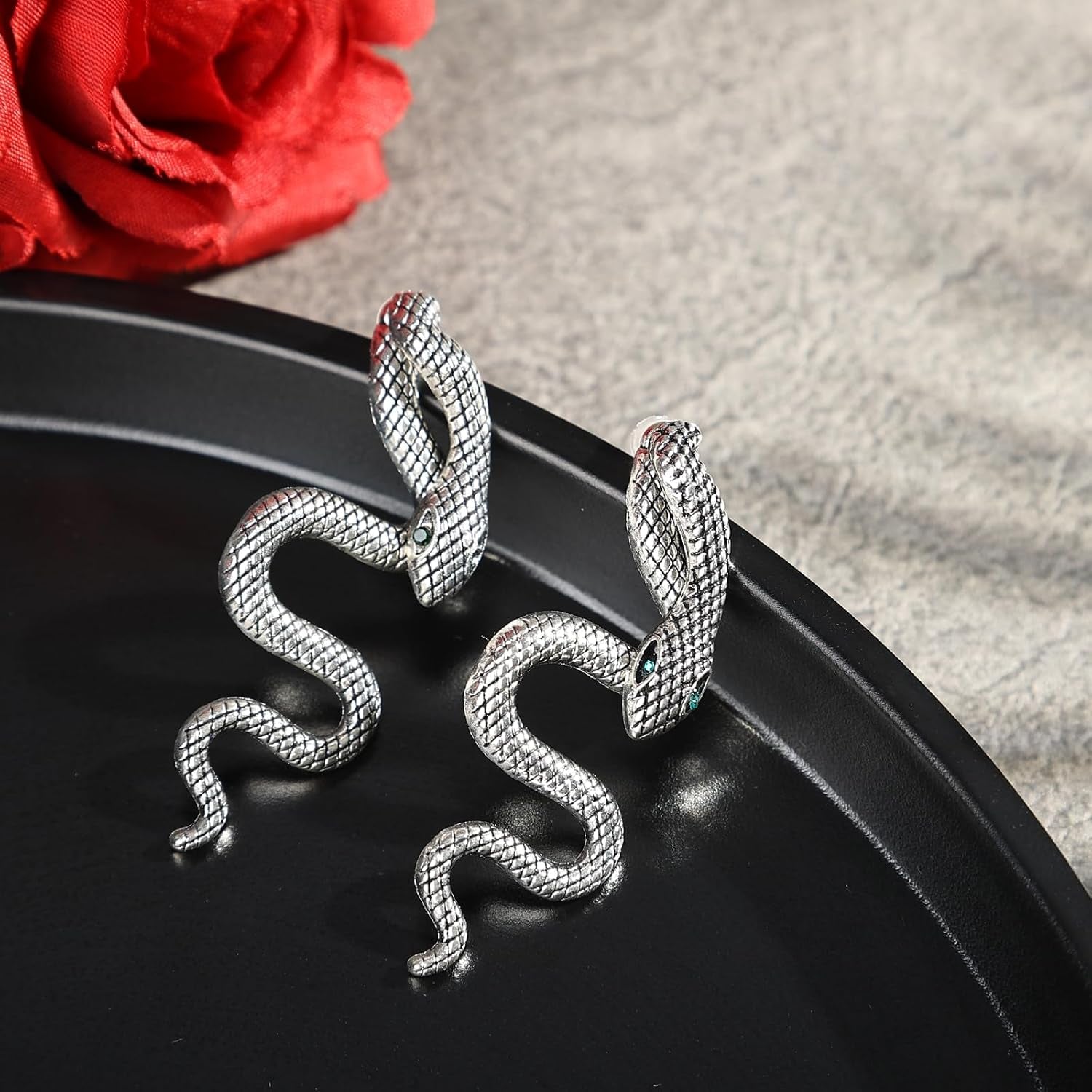 Vintage Gothic snake earrings by JSLOVFLO featuring gold and silver design, perfect for Halloween statement jewelry.