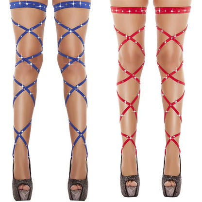 Ravishing Rhinestone-Embellished Transparent Fishnet Thigh-High Stockings for Unforgettable Rave Elegance
