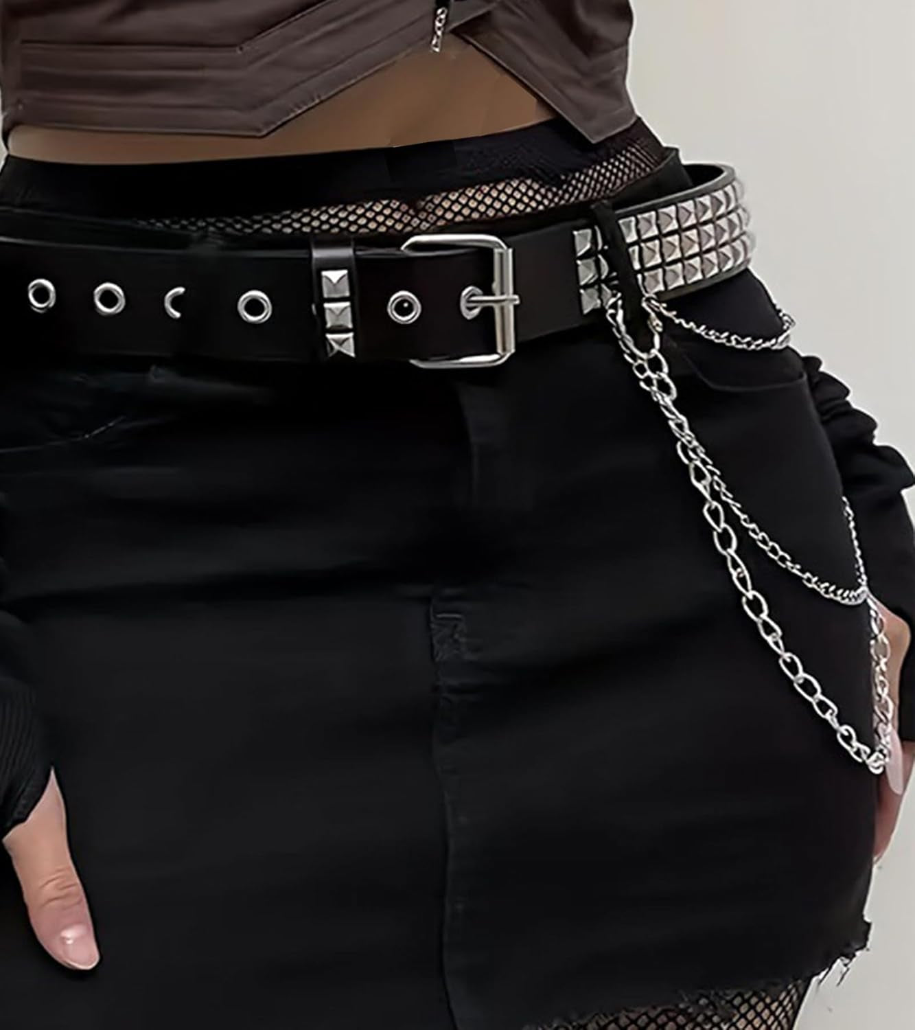 QWALIT punk chain belt for women, black leather rave accessory with metal chain detail, ideal for goth fashion and edgy styles.