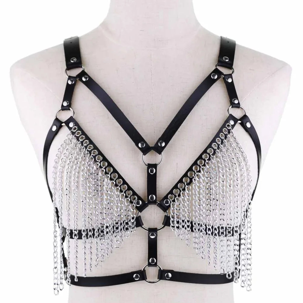 Leather Chain Harness Body Chain Bra Goth Punk Sexy Chain Top Women Body Jewelry Summer Festival Fashion Rave Outfit