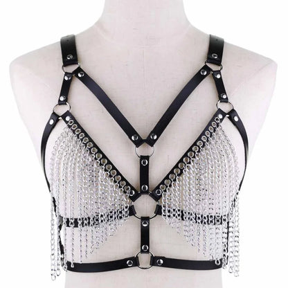 Leather Chain Harness Body Chain Bra Goth Punk Sexy Chain Top Women Body Jewelry Summer Festival Fashion Rave Outfit