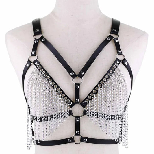 Seductive Gothic Leather Chain Harness Bra - Ultimate Body Jewelry for Festivals & Rave Looks