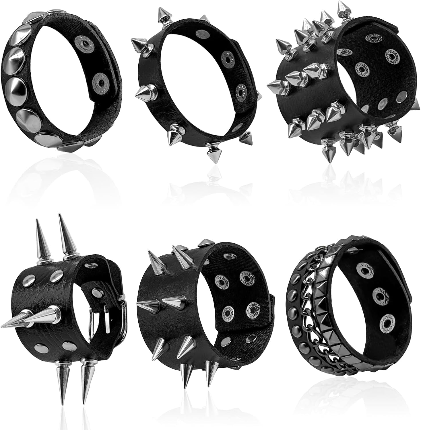 Gothic punk studded bracelet set with six adjustable spiked cuffs for men and women, perfect Halloween accessories.
