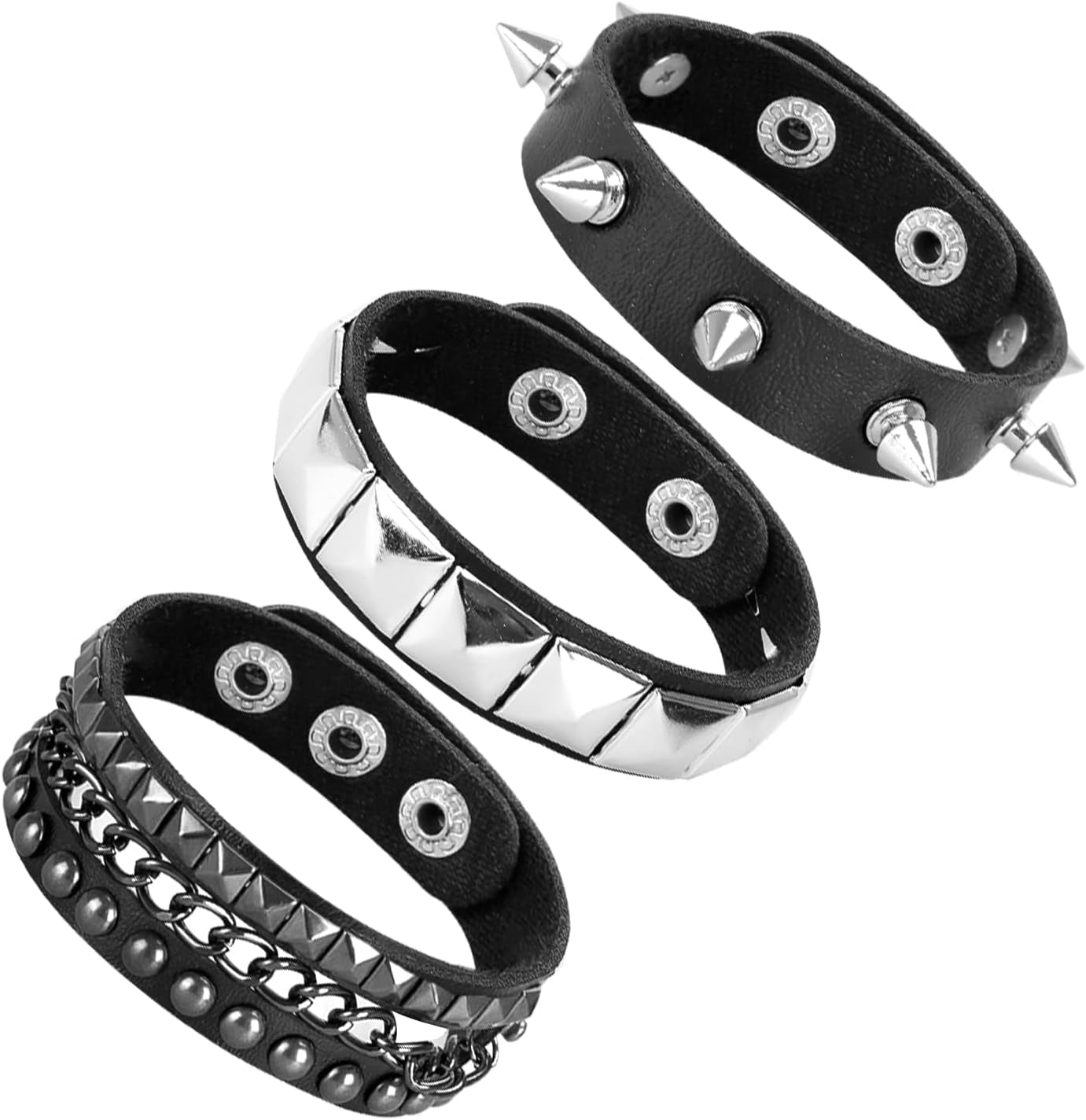 Unisex punk studded bracelet set with rivets and spikes, featuring edgy retro emo jewelry by SNCEAW.