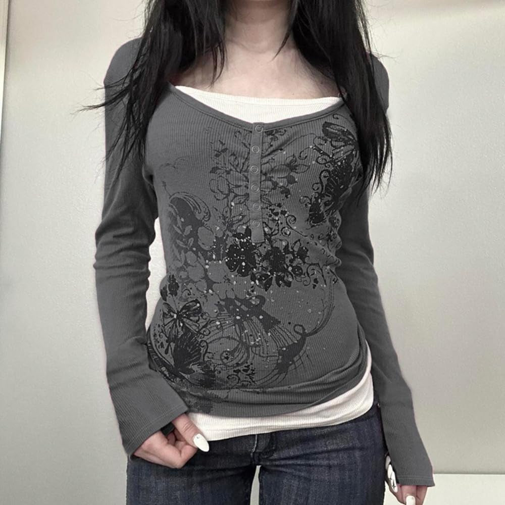 GGOOB Y2K floral V-neck long sleeve top with vintage fairy grunge style, featuring colorful floral pattern for trendy teens.