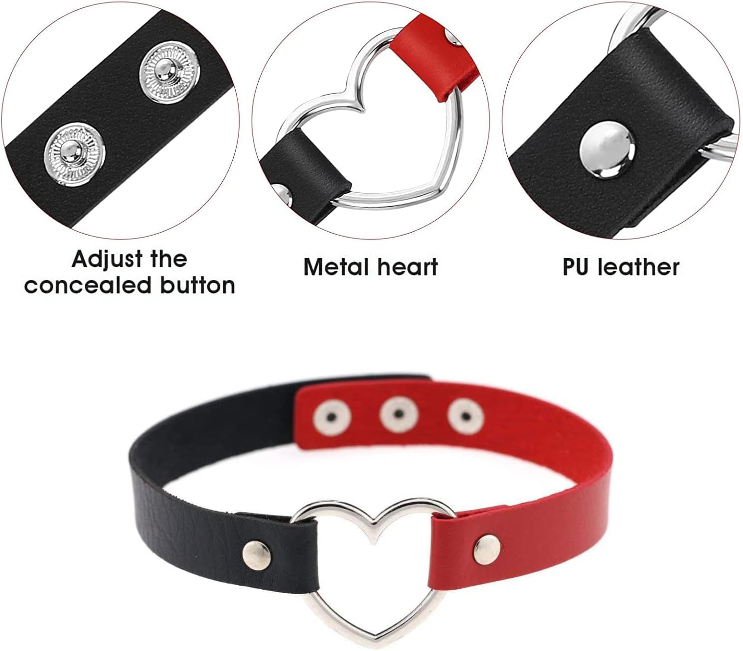Heart Leather Choker Punk Necklace Goth Soft PU Collar for Women Men Girls Adjustable