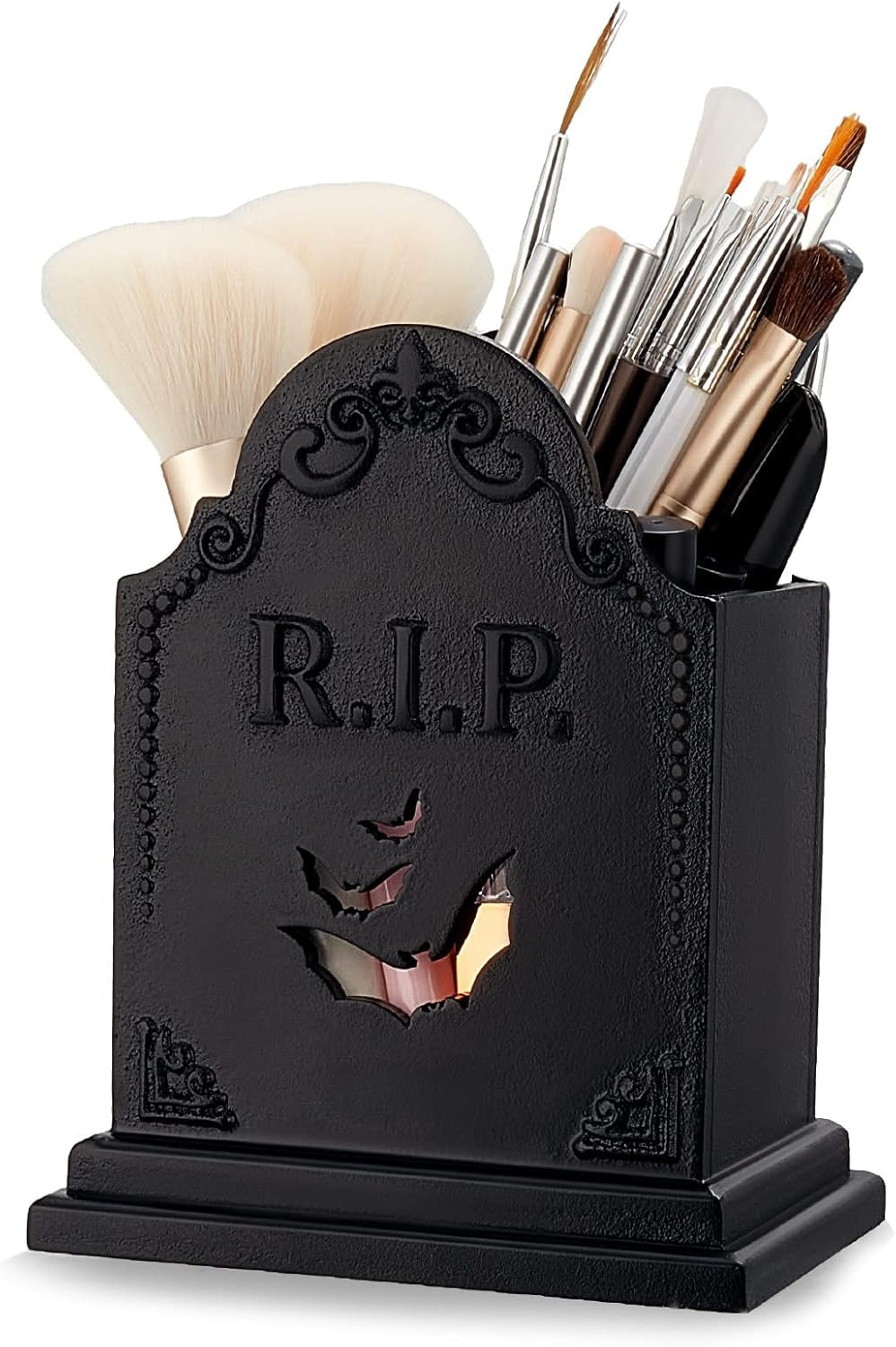 Gothic Tombstone Makeup Brush Holder, Wooden Spooky Pen Holder Goth Desk Accessories for Halloween Witchy Home Office Bathroom Decor, Gothic Gifts for Women Vanity Organizer