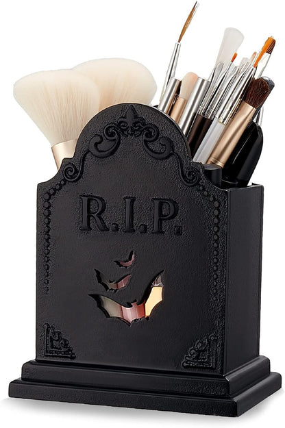 Gothic Tombstone Makeup Brush Holder, Wooden Spooky Pen Holder Goth Desk Accessories for Halloween Witchy Home Office Bathroom Decor, Gothic Gifts for Women Vanity Organizer