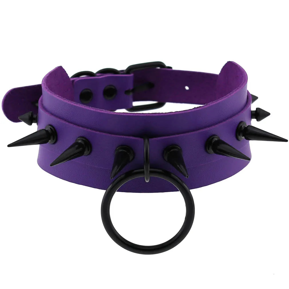 Purple goth punk leather choker necklace with black rivets and metal chain, unisex edgy emo harajuku style accessory.