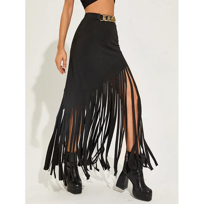 Black maxi skirt with tassel details and ring belt, ideal for punk, gothic, and grunge fashion styles.