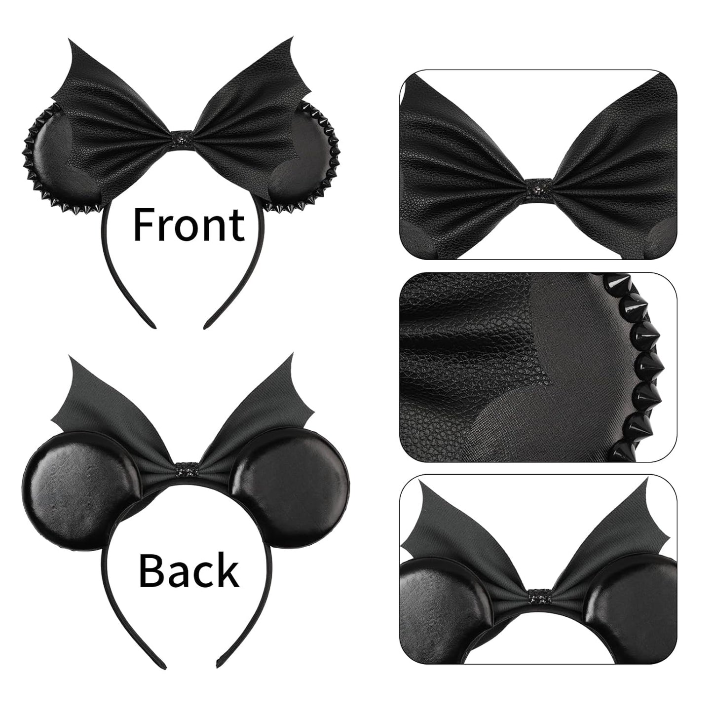 Bianbai Black Faux Leather Mouse Ear Headband with Bat - Wing Bow & Spiked Accents - Goth - Punk Halloween, Cosplay & Theme Park Essential