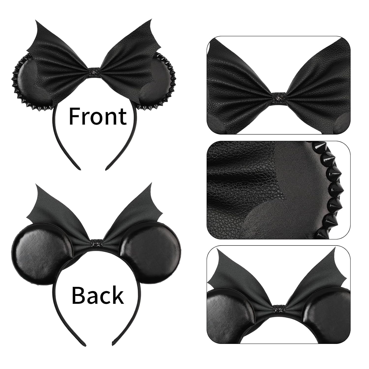 Bianbai Black Faux Leather Mouse Ear Headband with Bat - Wing Bow & Spiked Accents - Goth - Punk Halloween, Cosplay & Theme Park Essential