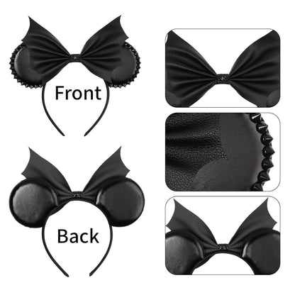 Bianbai Black Faux Leather Mouse Ear Headband with Bat - Wing Bow & Spiked Accents - Goth - Punk Halloween, Cosplay & Theme Park Essential