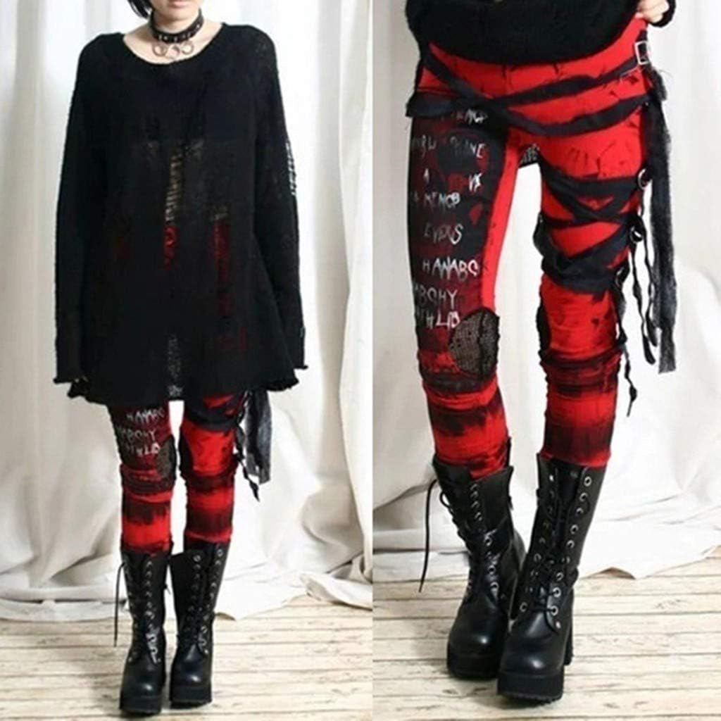 Gothic steampunk distressed skinny leggings with belt strap, featuring retro tie-dye pattern and jogger style for women.