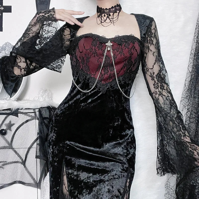 Velvet midi dress with lace splice by PressureDen.store, featuring an elegant gothic e-girl evening attire style.