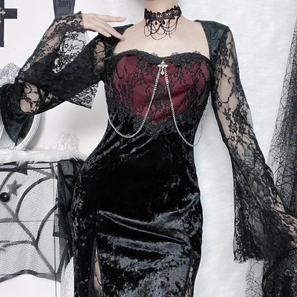 Velvet midi dress with lace splice by PressureDen.store, featuring an elegant gothic e-girl evening attire style.