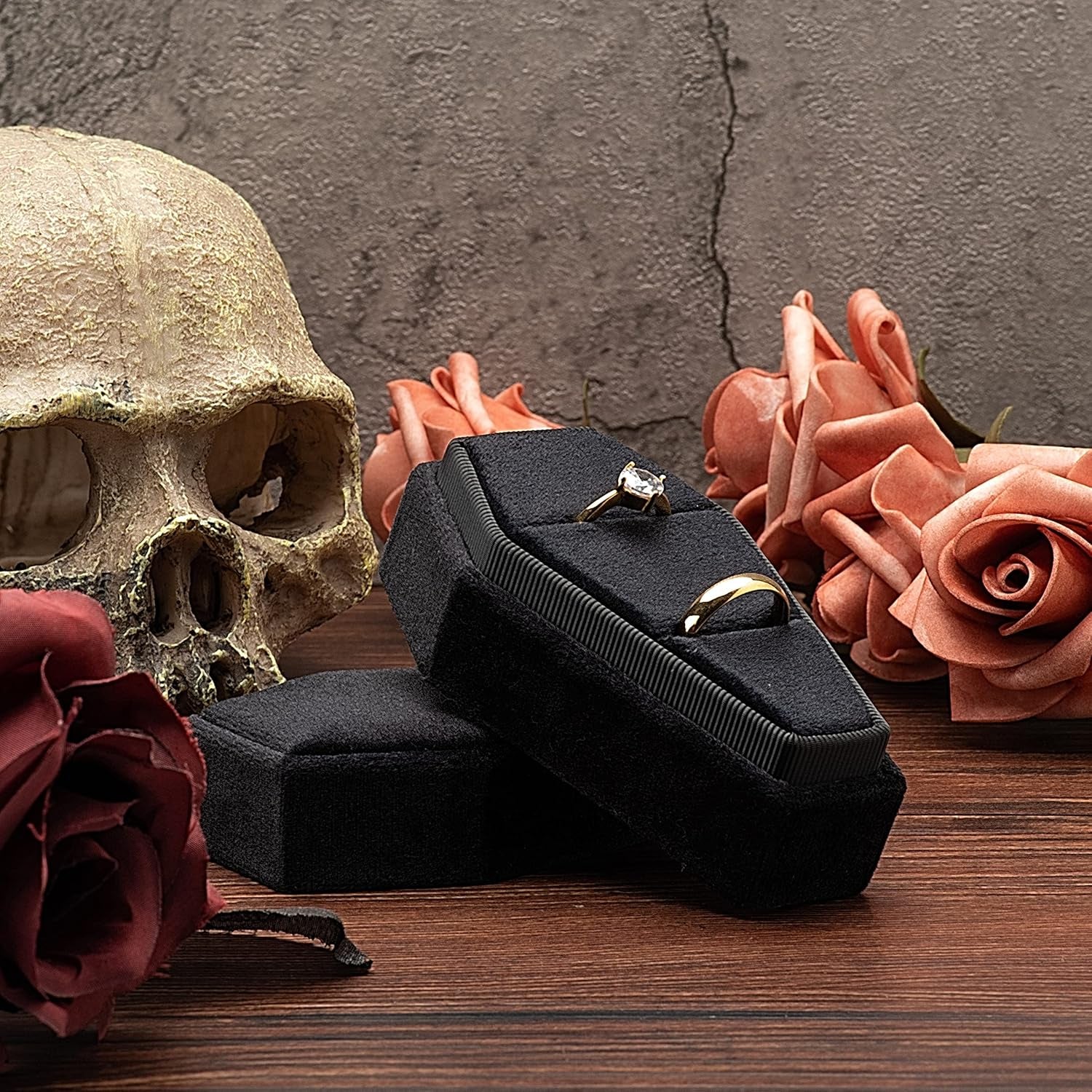 Velvet Coffin Ring Box Case Holder for Gothic Wedding Ceremony Jewelry Organizer Decorations (Black)