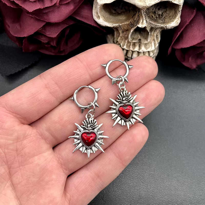 Flaming Sacred Heart Earrings | Spike Stainless Steel Earrings Hoops| Grunge | Goth | Alternative Jewelry | Sacred Heart Jewelry
