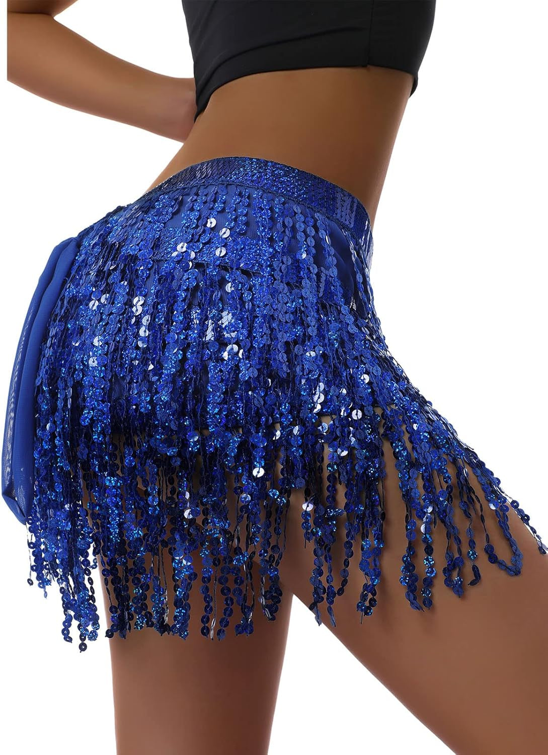 Vibrant Royal Blue Y2K Rave Fringe Skirt with Sequin Tassels & Hip Scarf - Perfect One Size Fit!