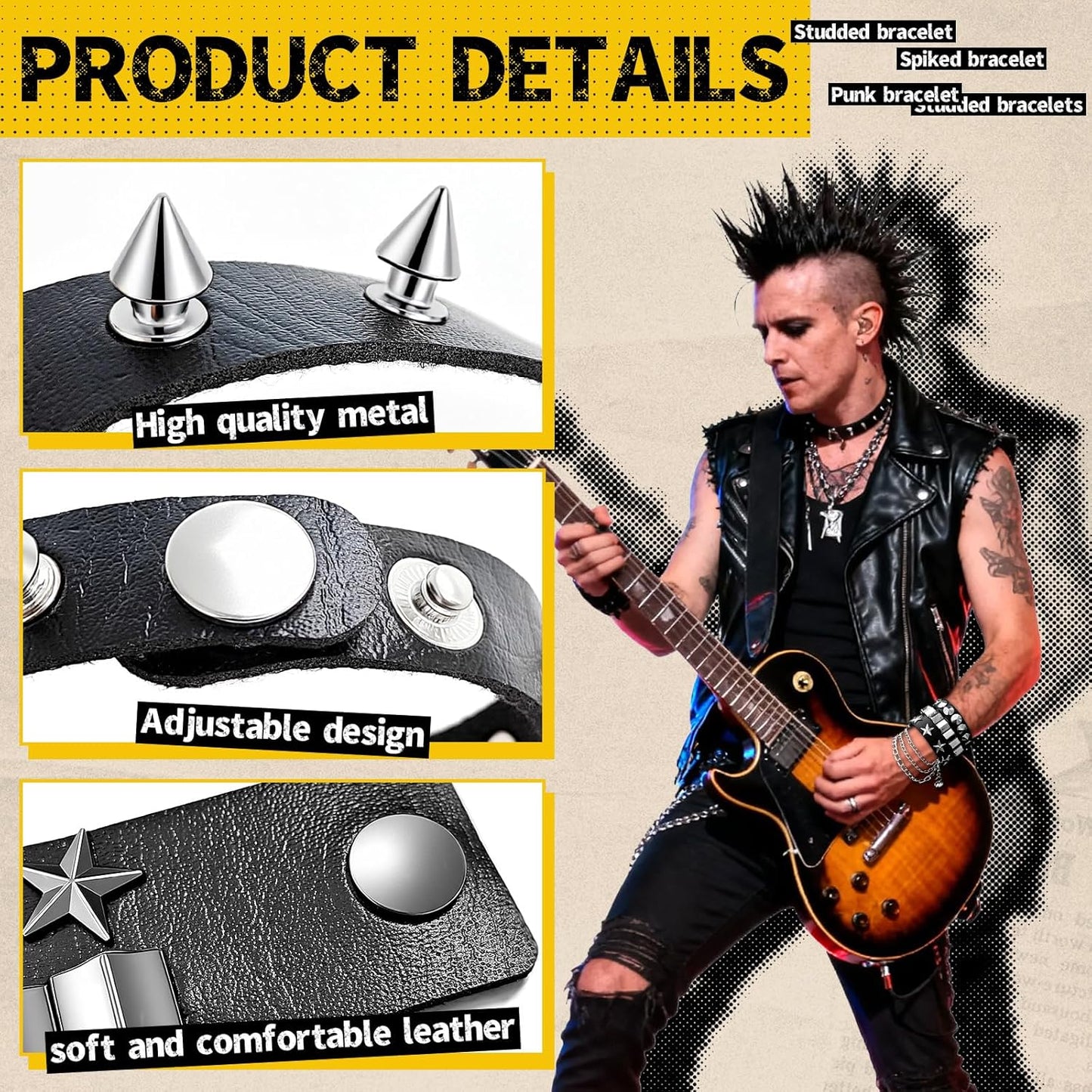 Spike Bracelet for Men & Women | Adjustable Black Leather Punk Bracelets with Studs & Rivets | Goth Rock Biker Wristband