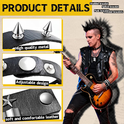 Spike Bracelet for Men & Women | Adjustable Black Leather Punk Bracelets with Studs & Rivets | Goth Rock Biker Wristband