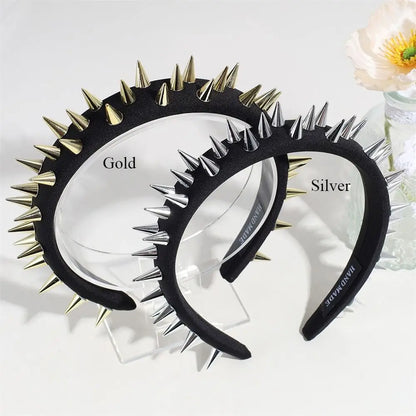 Silver and gold punk goth headband with rivets, stylish hair accessory for women, ideal for cosplay or everyday wear