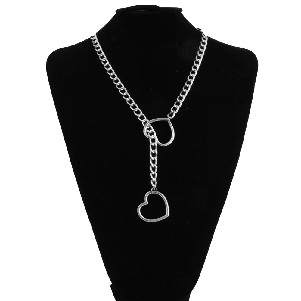 Black edgy heart slip chain choker necklace with punk rock goth style, featuring layered chain design for women.