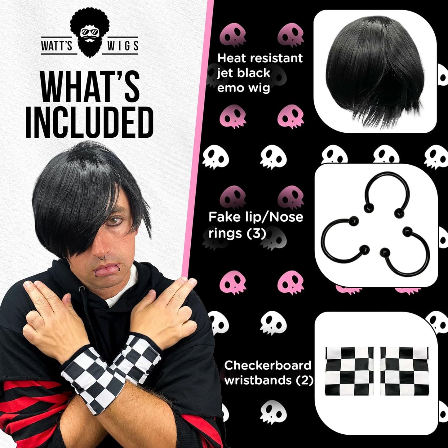 - Emo Costume Set for Men - 2000S Goth Pop Punk Scene Kid Party - Black Wig, Fake Piercings and Checkered Wristbands