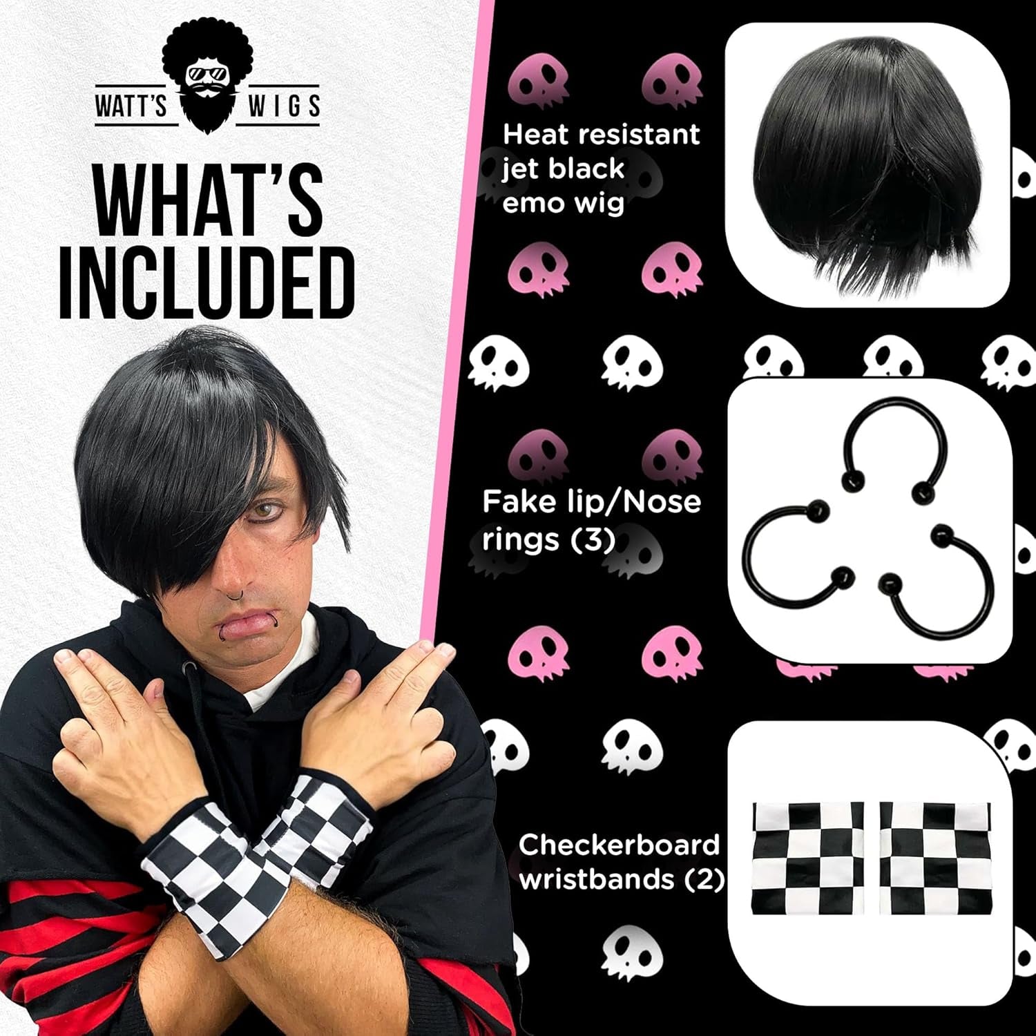 - Emo Costume Set for Men - 2000S Goth Pop Punk Scene Kid Party - Black Wig, Fake Piercings and Checkered Wristbands