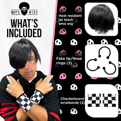 - Emo Costume Set for Men - 2000S Goth Pop Punk Scene Kid Party - Black Wig, Fake Piercings and Checkered Wristbands