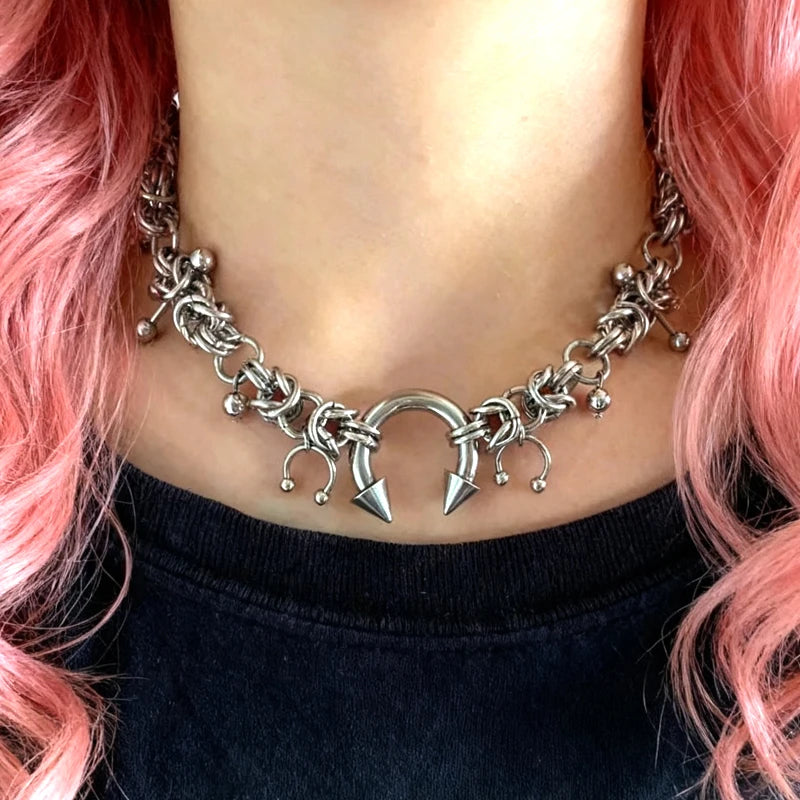 Punk Fashion Stainless Steel Rivet Horseshoe Ring DIY Pendant Necklace for Women Cool Fashion Goth Jewelry Grunge Choker