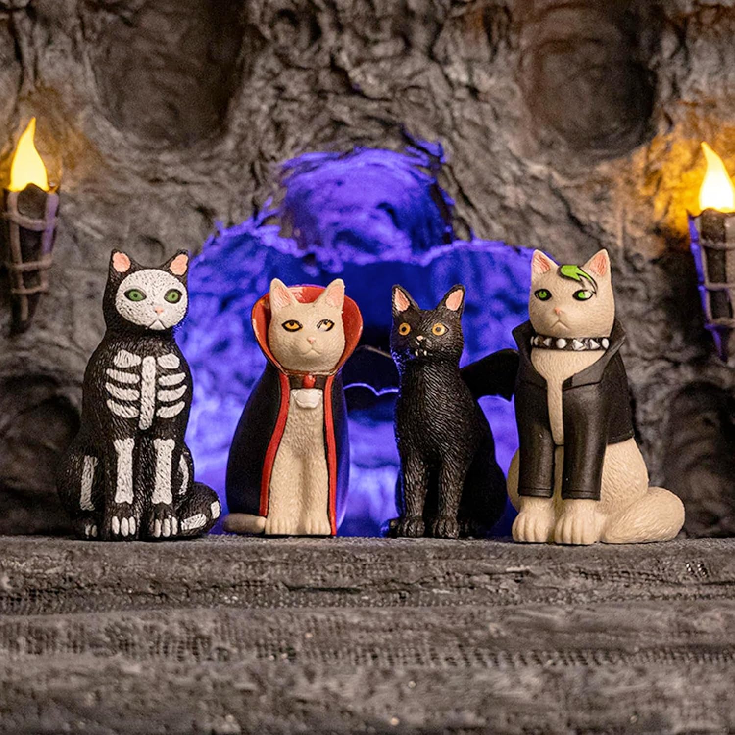 Archie Mcphee Mini Figure Funny and Novelty: Goth Cats Rule the Night - Set of Four Mysteriously Adorable Vinyl Punk Skeleton Vampire and Bat Attired Kitties