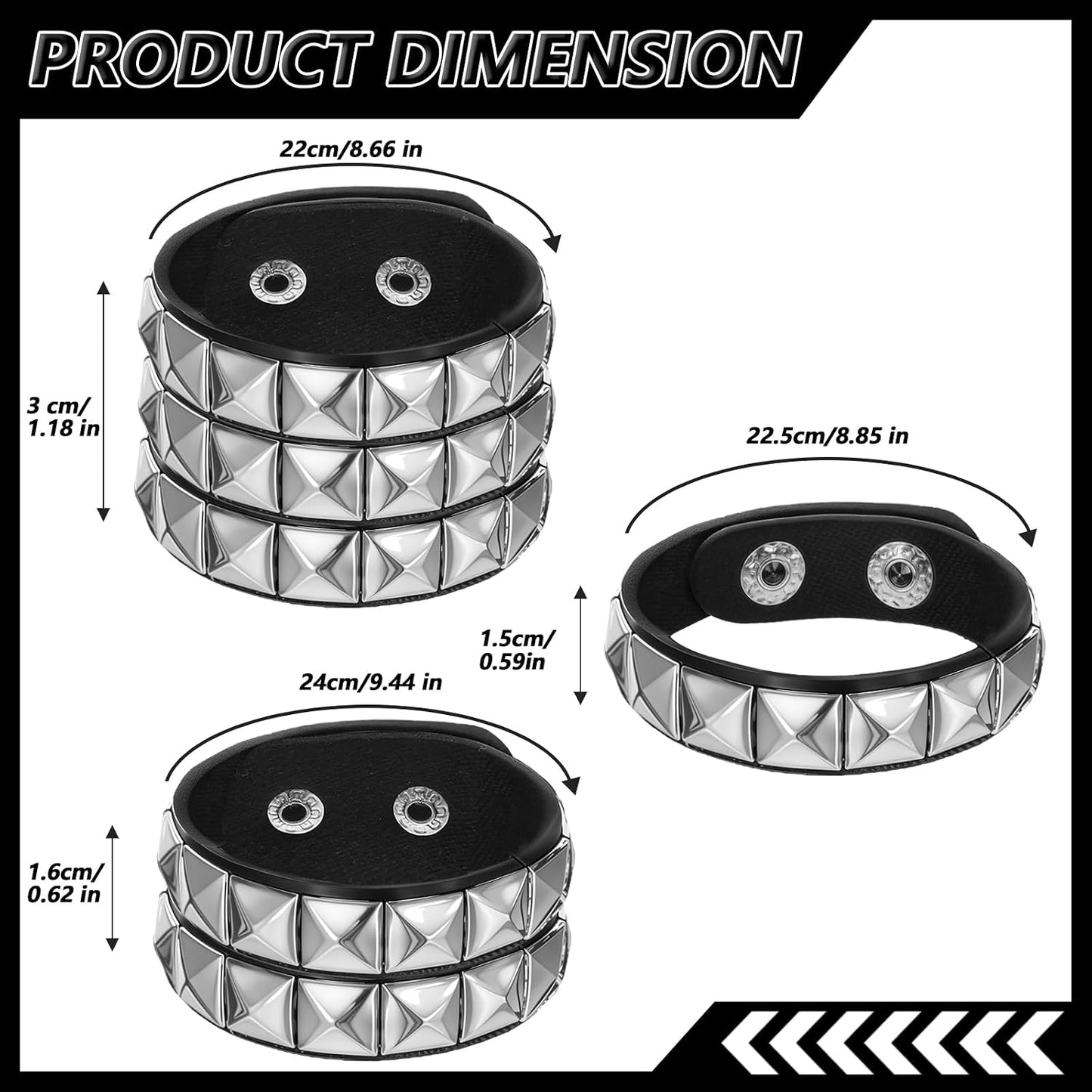 YUXIANLB punk rock spiked bracelet set with three adjustable cuffs and wristbands for edgy emo and goth style.