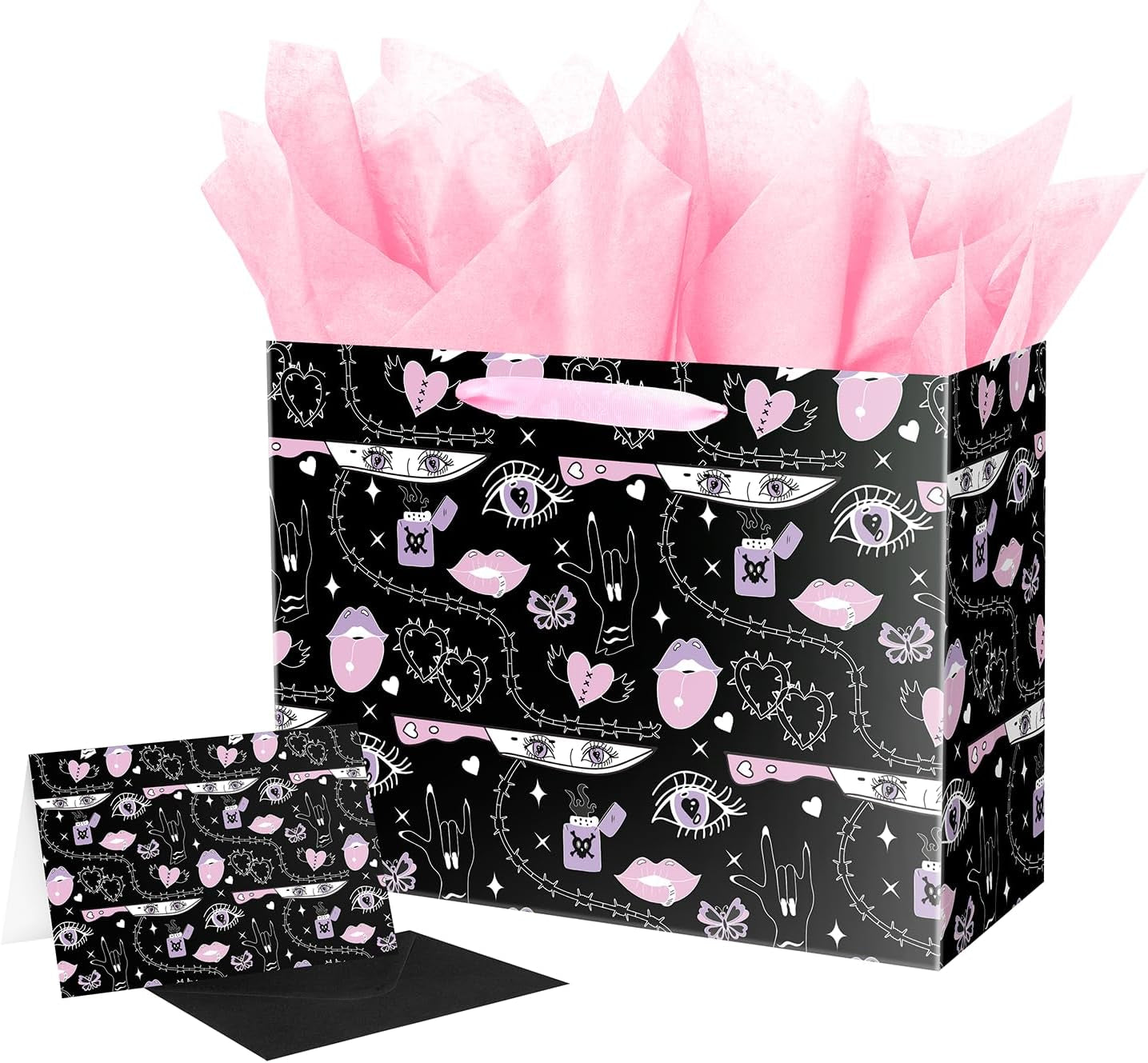 Goth Pink Gift Bag with Tissue Paper for Women Girl 12.6" Birthday Anniversary